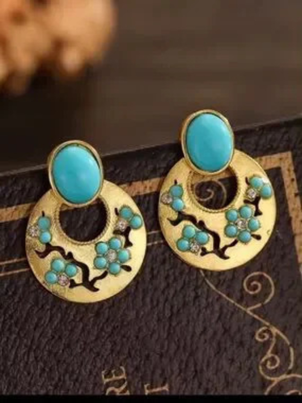 Anthropologie Gold Tone and Turquoise Blossom Hoop Earrings